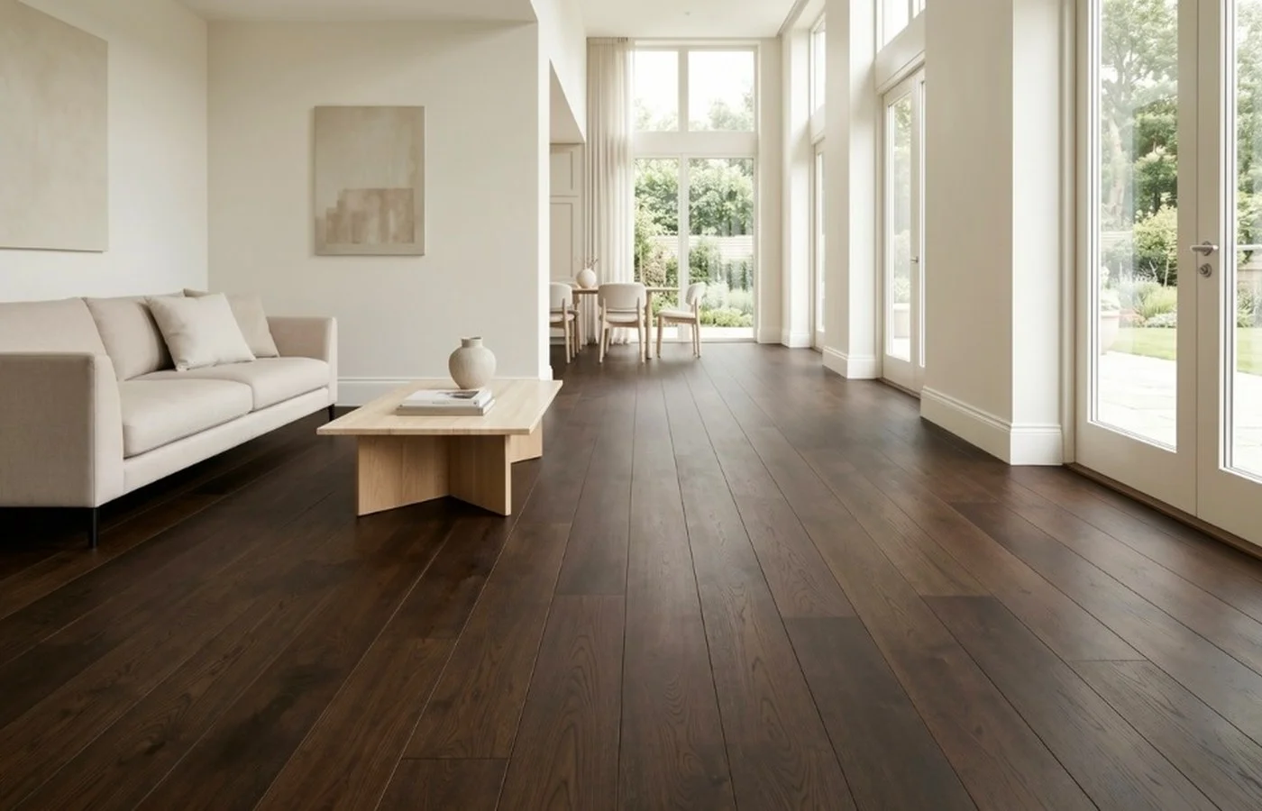 Dark oak floors in a pale interior