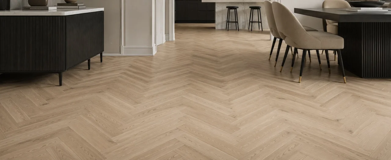 LIGNORA Design Collection — herringbone and chevron engineered oak laid in a precise geometric pattern