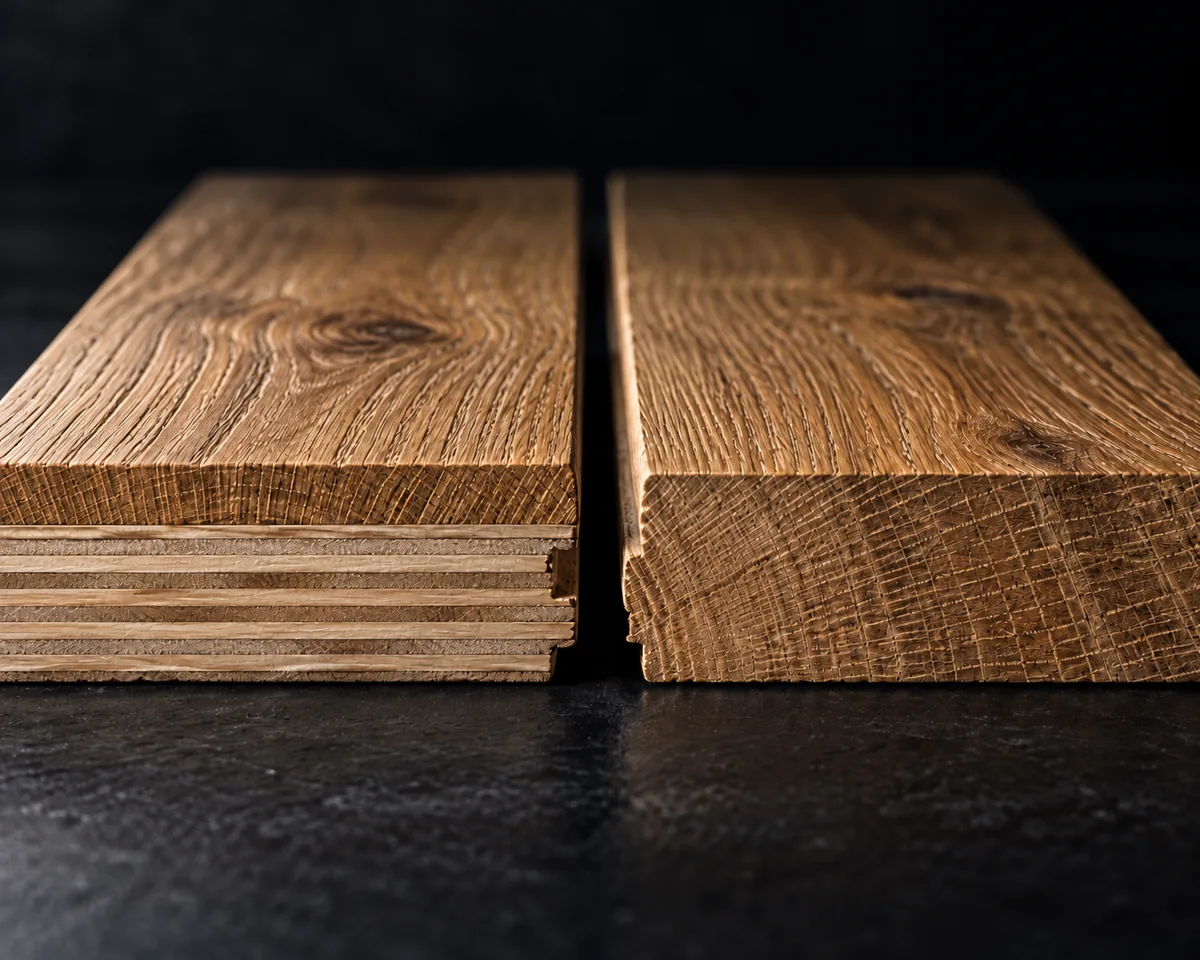 Cross-section of an engineered oak board with a layered ply core beside a solid oak board