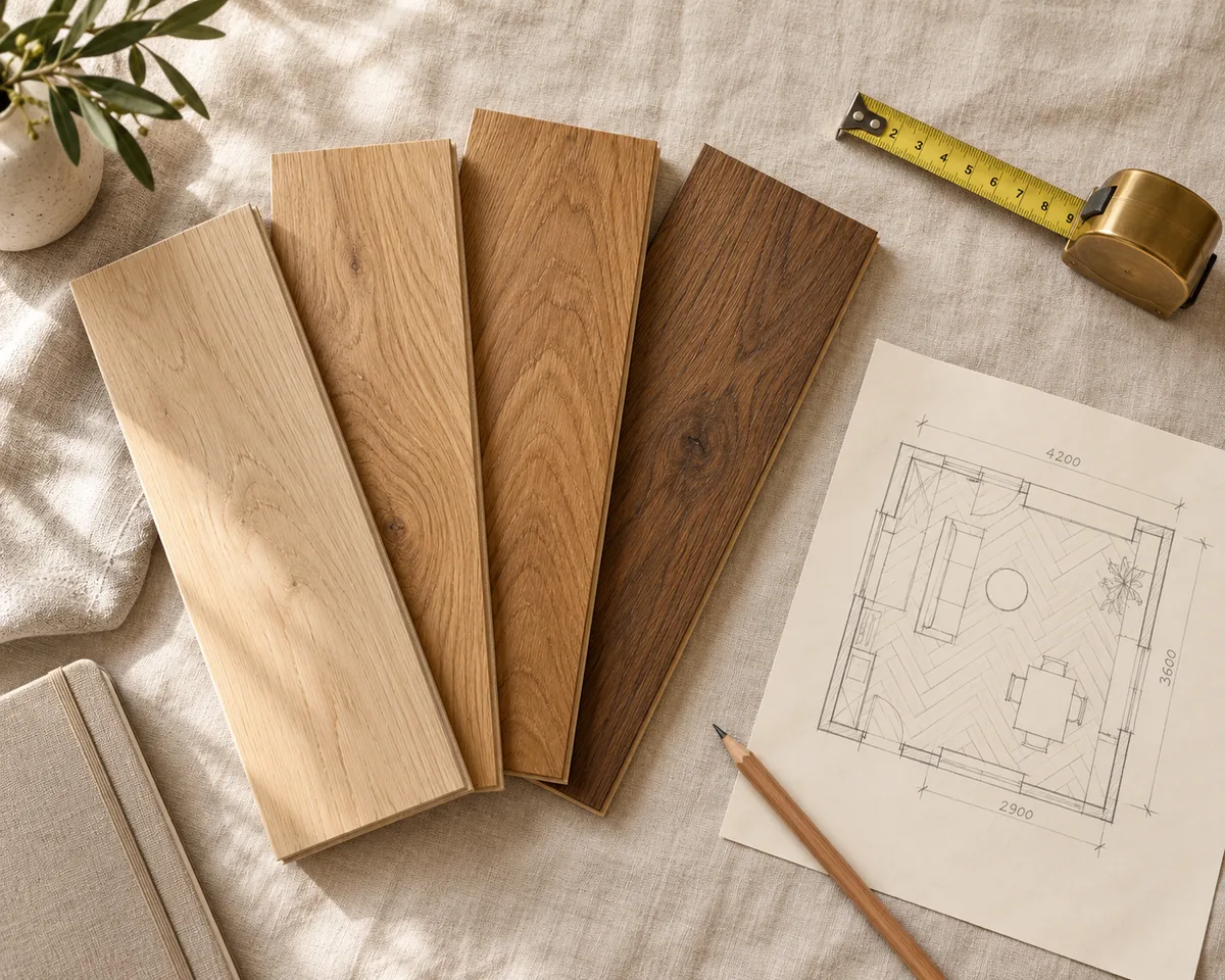 Engineered oak flooring samples with a tape measure and room floor plan for budgeting