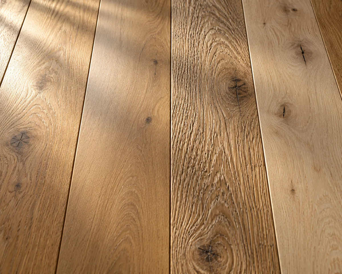 Oak floorboards in oiled, lacquered, brushed and invisible finishes side by side