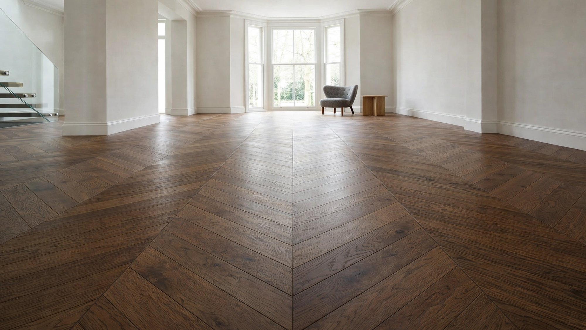 Luxury chevron oak flooring installed in a London period reception room — LIGNORA