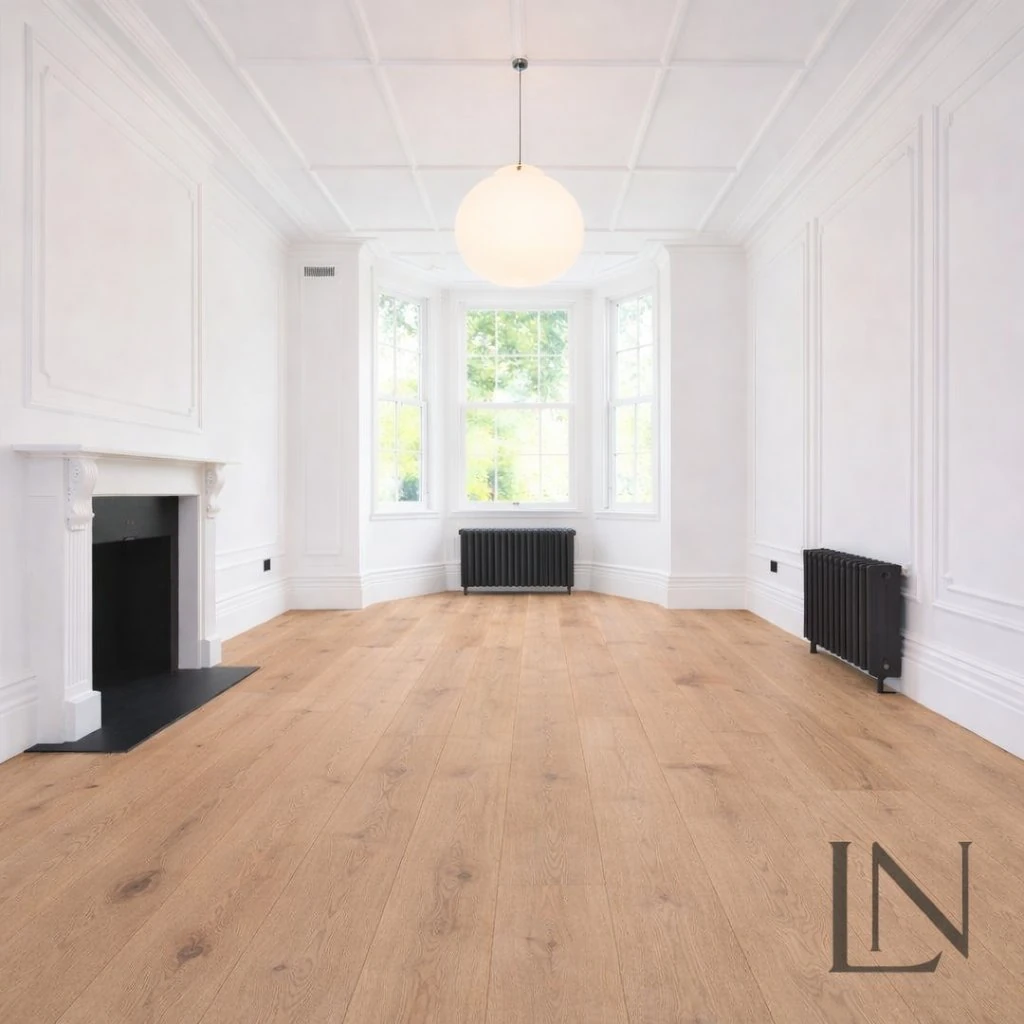 Dove grey oak engineered flooring, brushed matt lacquered, installed
