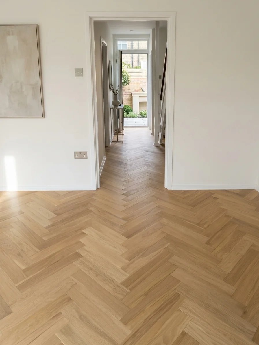 Natural oak herringbone flooring running from a living room through the hallway, fitted by LIGNORA