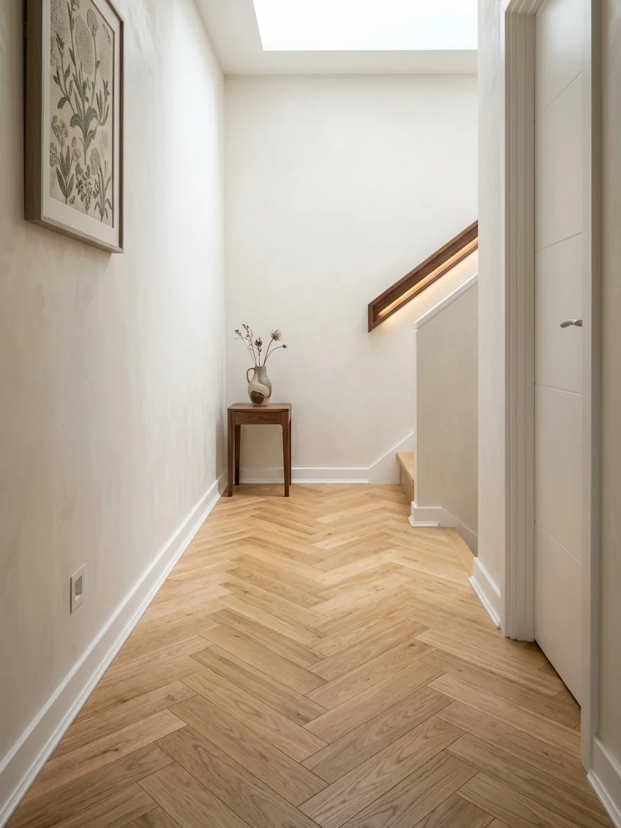 Natural oak herringbone flooring along a narrow hallway towards the stairs, fitted by LIGNORA