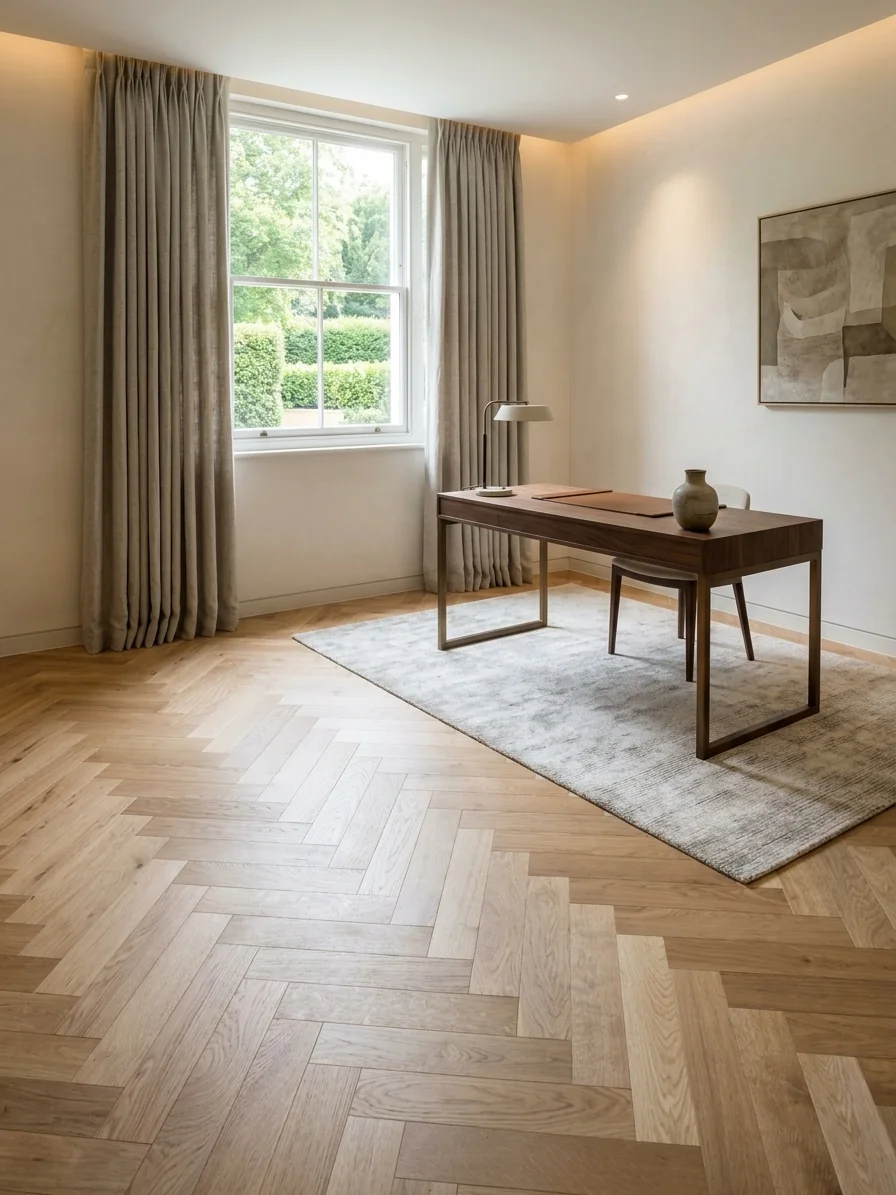 Natural oak herringbone flooring in a study with sash window, fitted by LIGNORA
