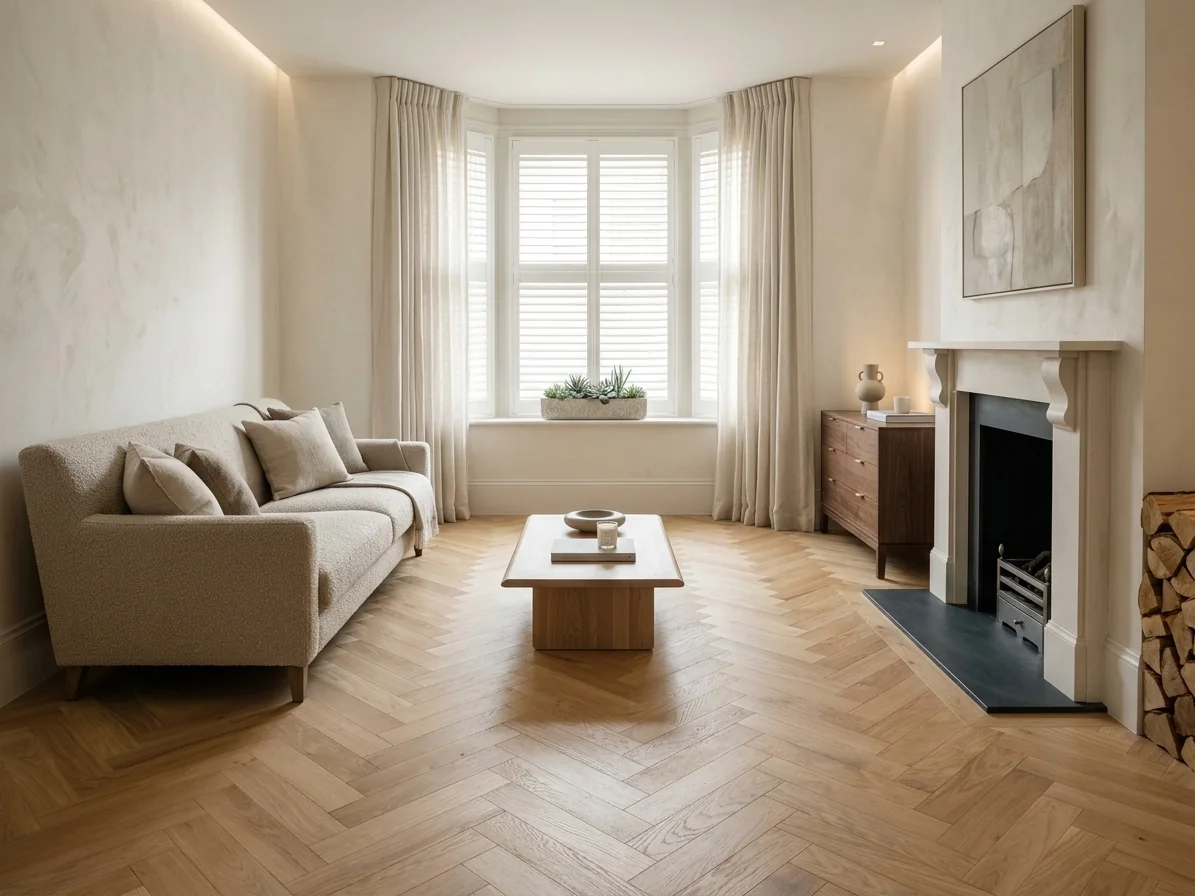 Natural oak herringbone flooring in a Victorian living room, fitted by LIGNORA