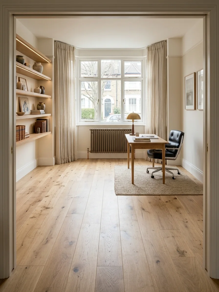Natural character oak wide plank flooring in a home office with a bay window, fitted by LIGNORA