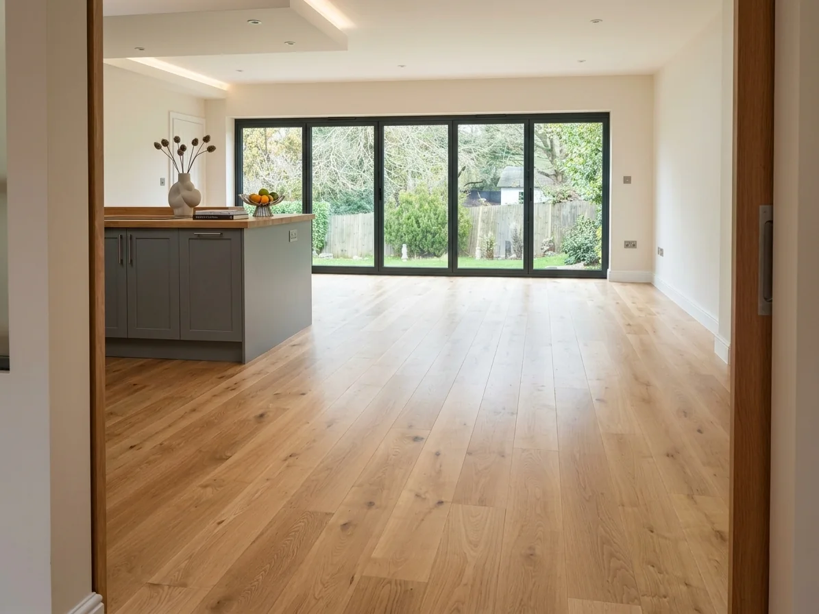 Natural oak wide plank flooring in an open-plan kitchen extension with bifold doors, fitted by LIGNORA