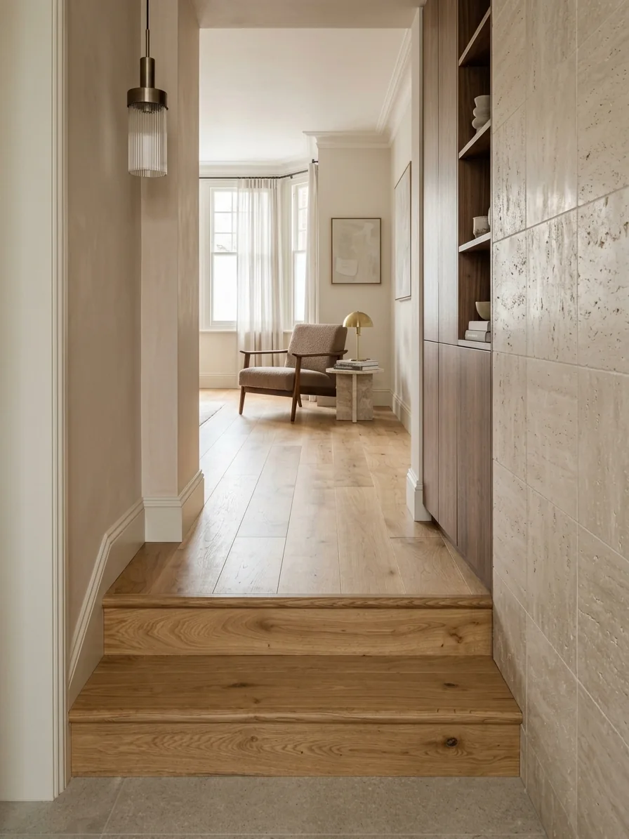 Oak wide plank flooring with matching solid oak steps leading up into a living room, fitted by LIGNORA