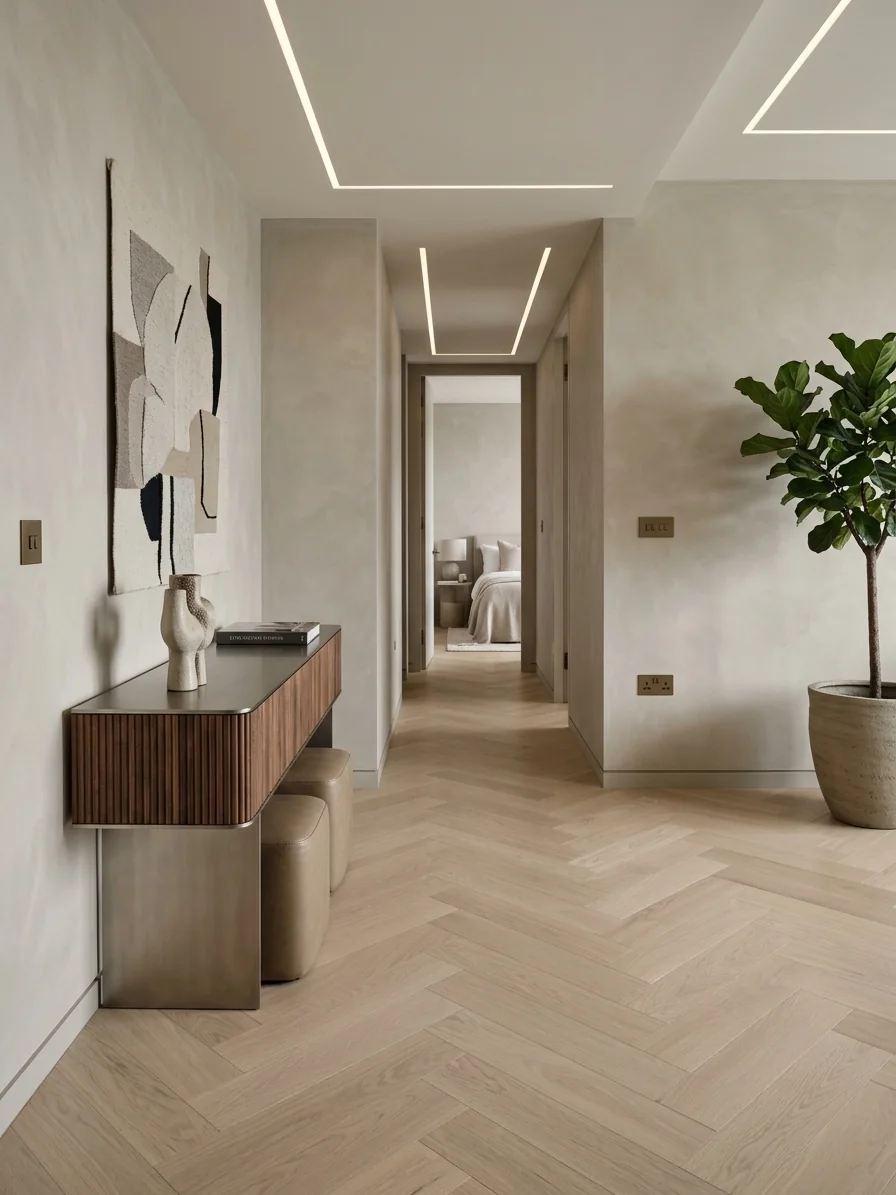 Pale oak herringbone flooring along an apartment hallway, fitted by LIGNORA