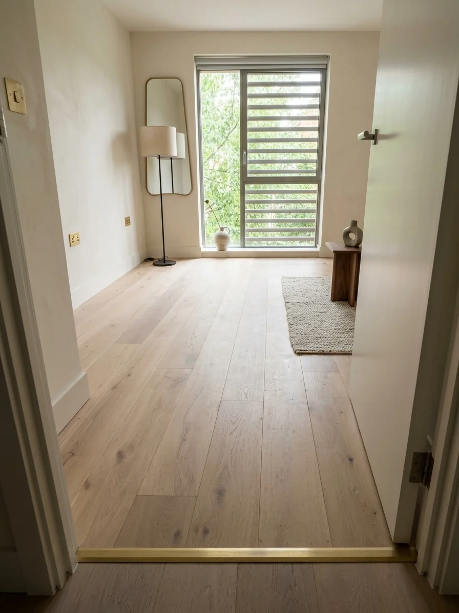 Pale oiled oak wide plank flooring in a bedroom, finished with a brass threshold strip, fitted by LIGNORA
