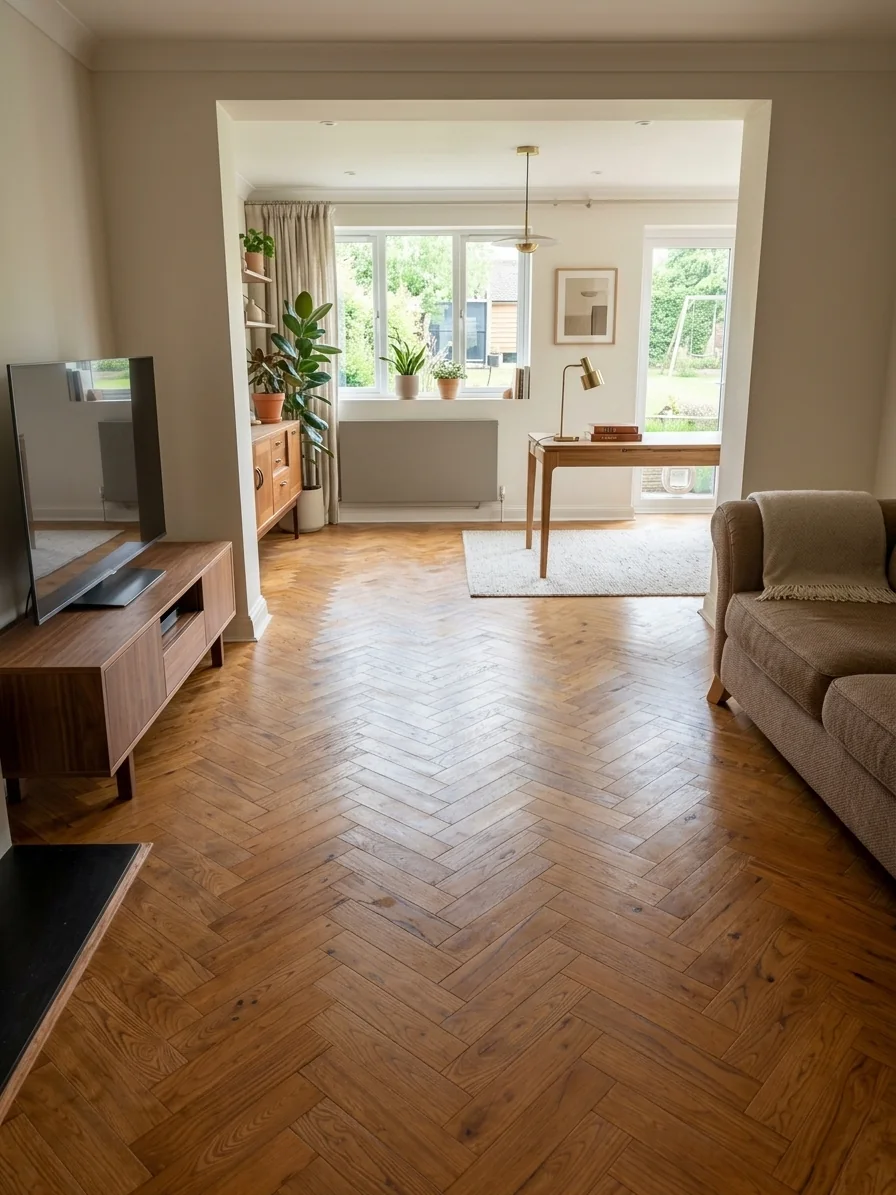 Rustic golden oak herringbone flooring running through an open-plan living room, fitted by LIGNORA