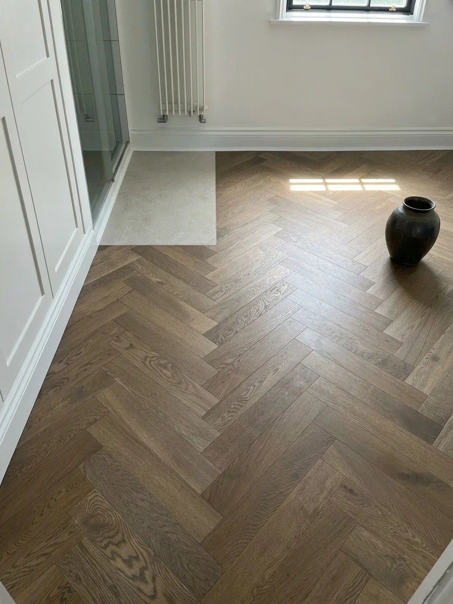 Smoked oak herringbone flooring in an en-suite dressing area, with a stone inset at the shower, fitted by LIGNORA