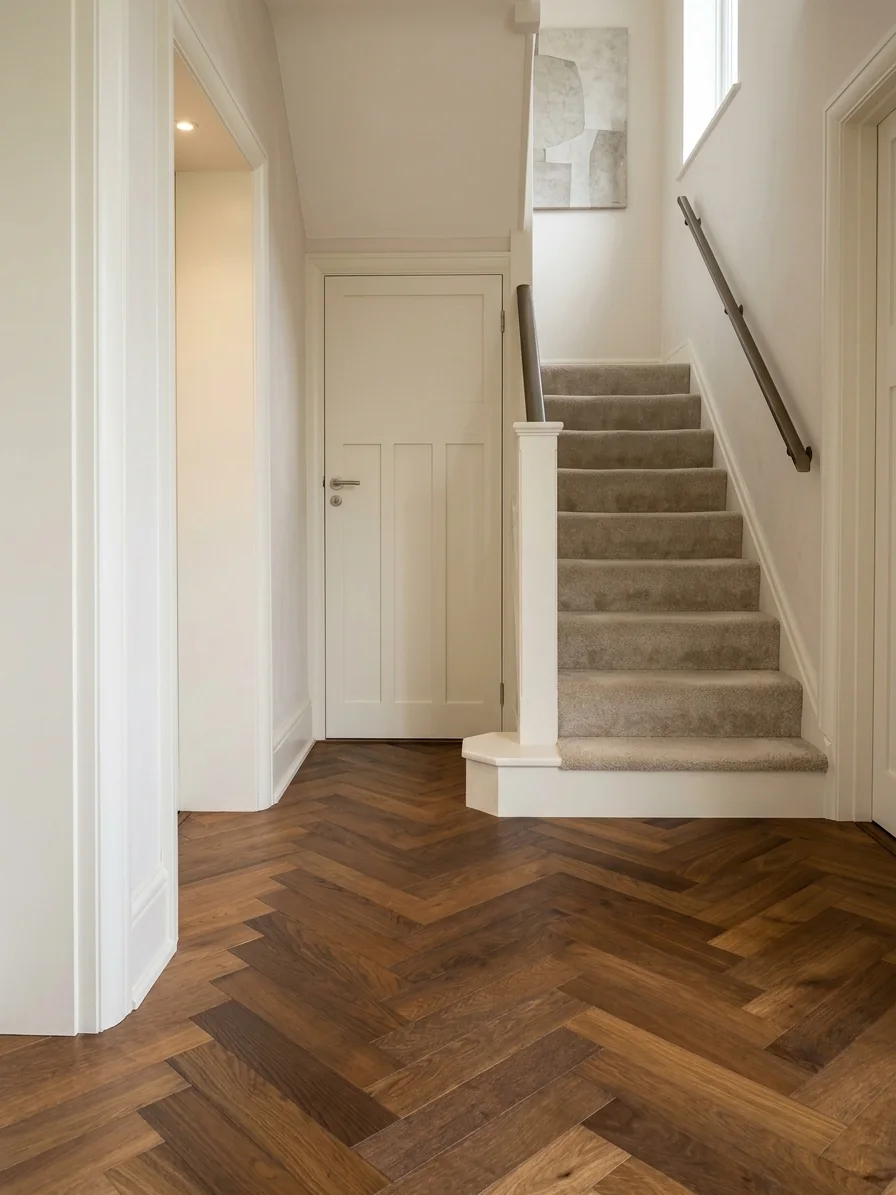 Smoked oak herringbone flooring in an entrance hallway at the foot of the stairs, fitted by LIGNORA