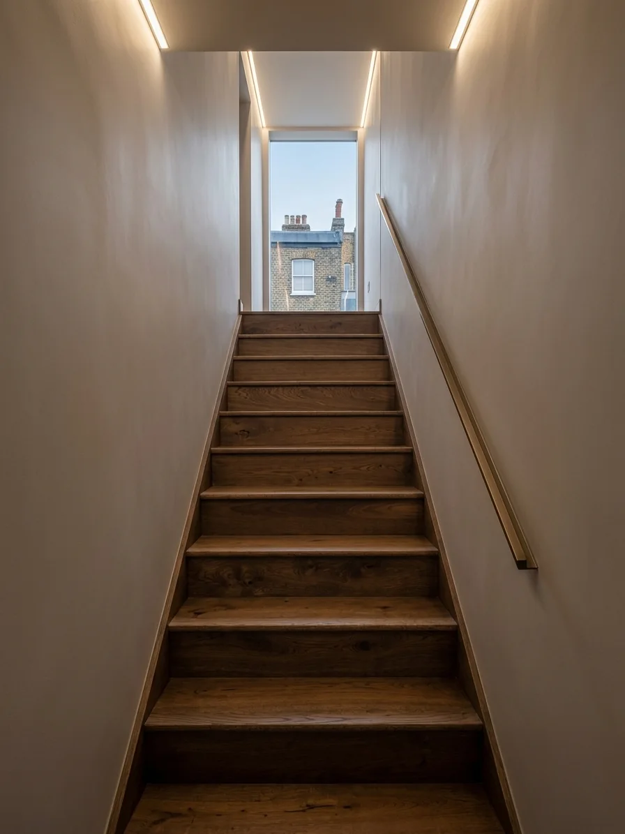 Smoked oak stair treads, risers and nosings on a straight staircase, fitted by LIGNORA