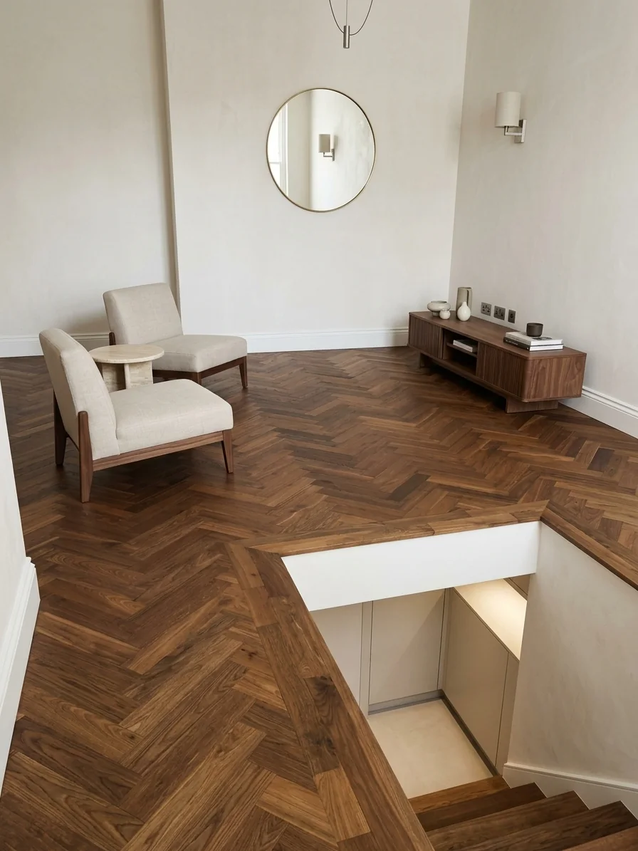 Walnut herringbone flooring on a landing, with matching walnut nosing along the stairwell edge, fitted by LIGNORA
