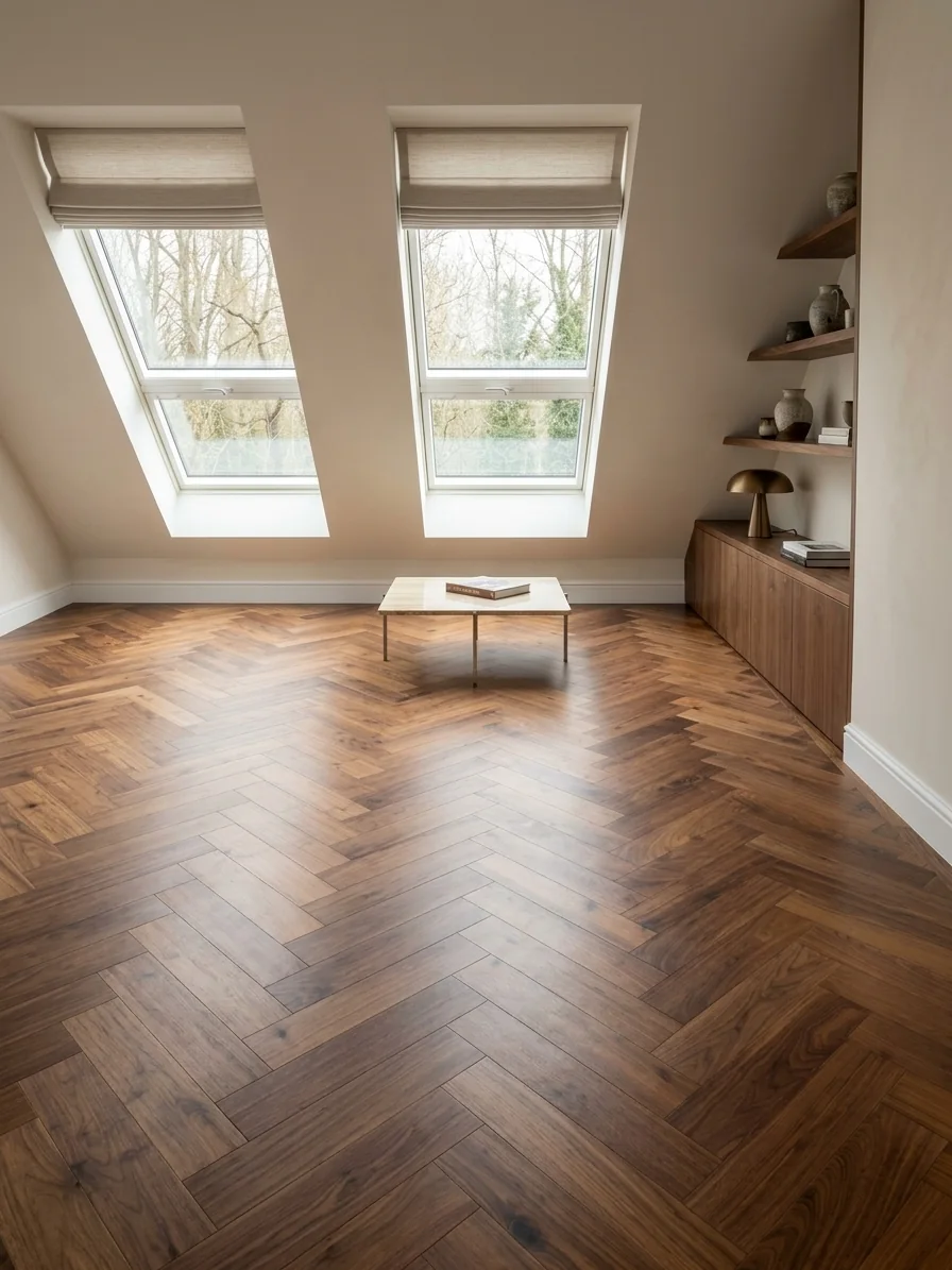 Walnut herringbone flooring in a loft room under two skylights, fitted by LIGNORA