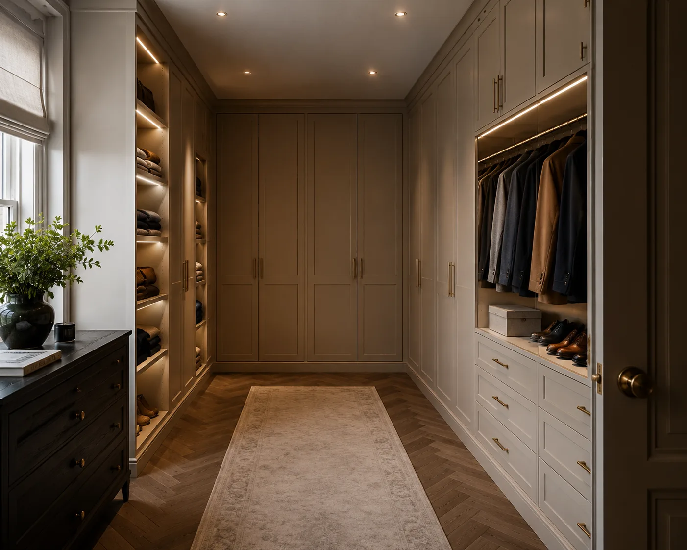 American Oak Herringbone Mellow engineered oak flooring fitted in a bespoke dressing room, Hampstead