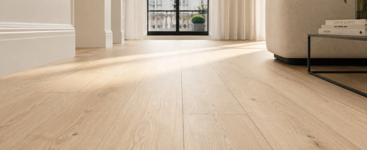 LIGNORA Signature Collection — wide European oak boards with calm, even grain in a softly lit modern interior