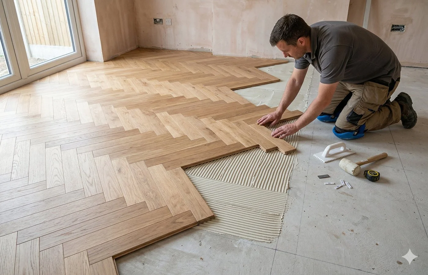 Herringbone glue-down installation