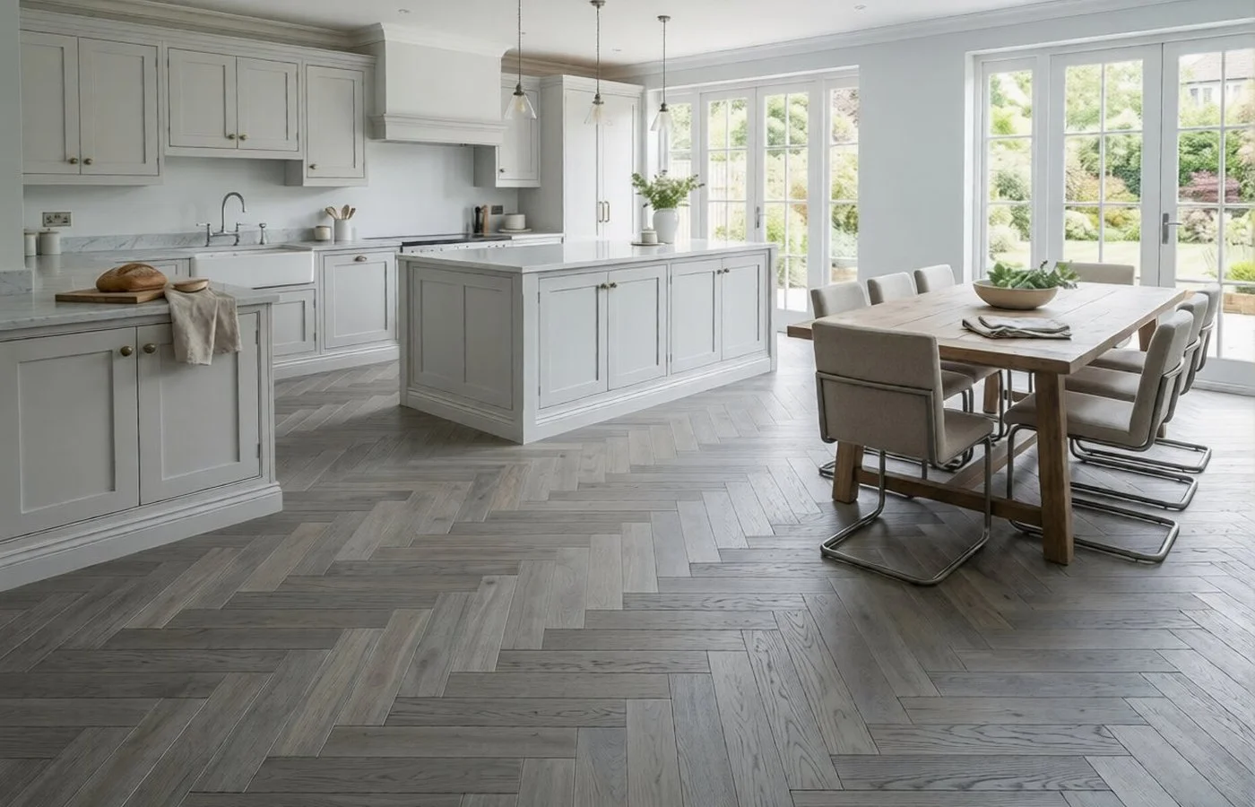Grey herringbone kitchen floor, Hampton
